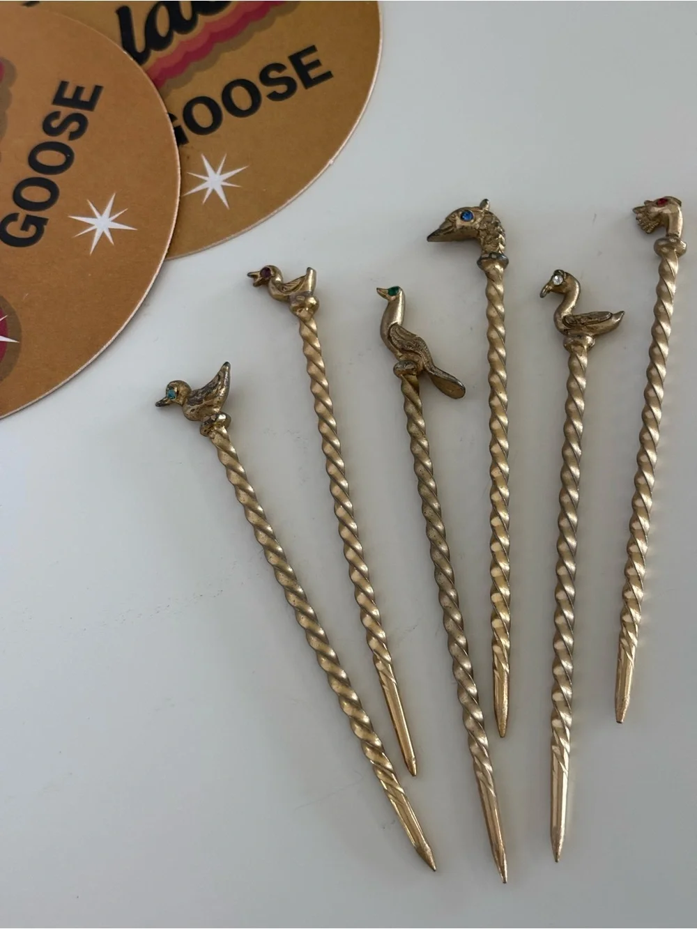 Vintage Mid-century Modern Gold Tone Metal Bird Cocktail Picks Set of 6